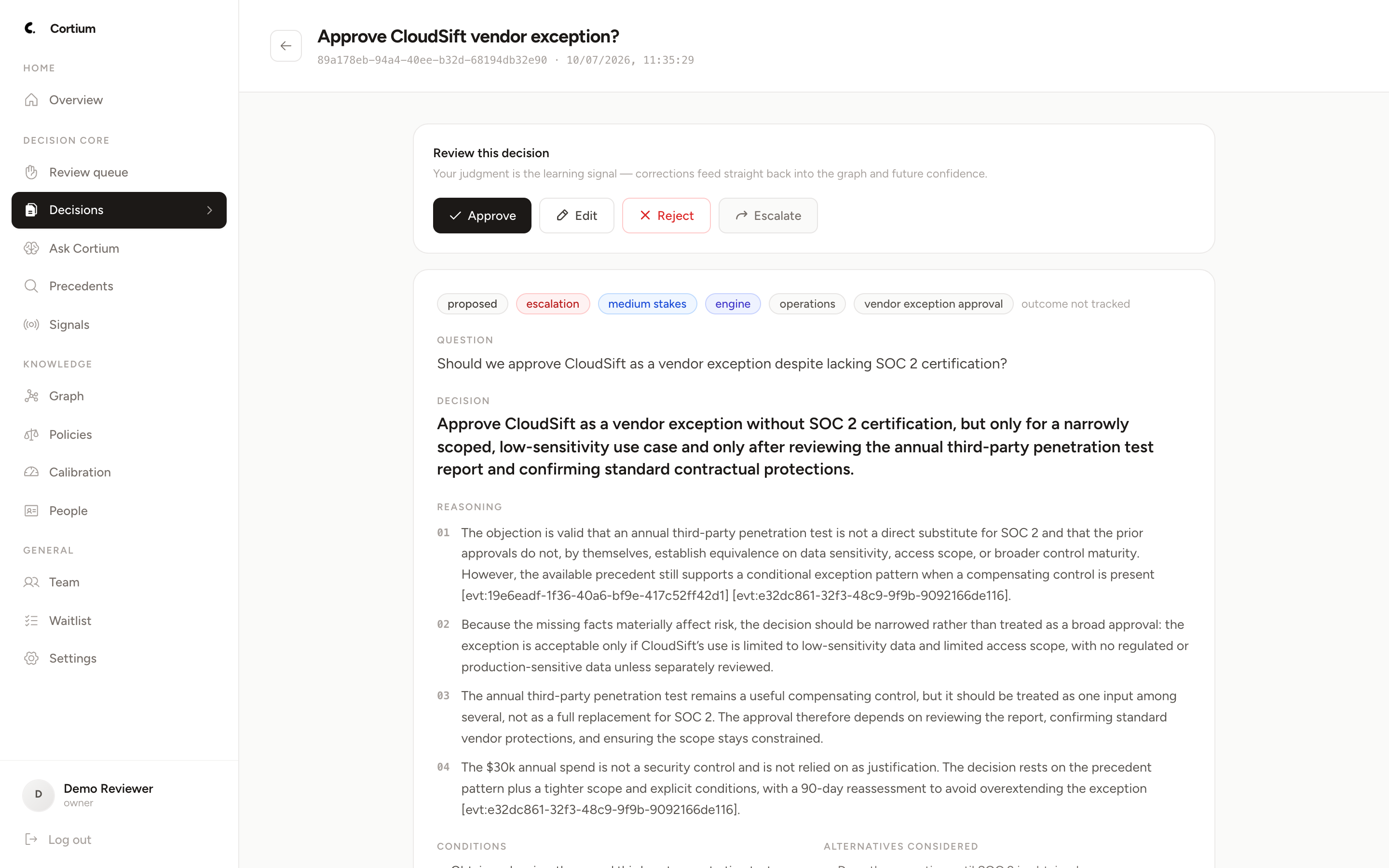A Cortium decision record: reasoning chain, calibrated confidence, adversarial challenge, and precedents